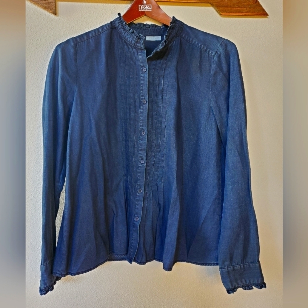 Hinge Linen Blend Chambray Dark Wash Top Pleated Ruffles Womens XS